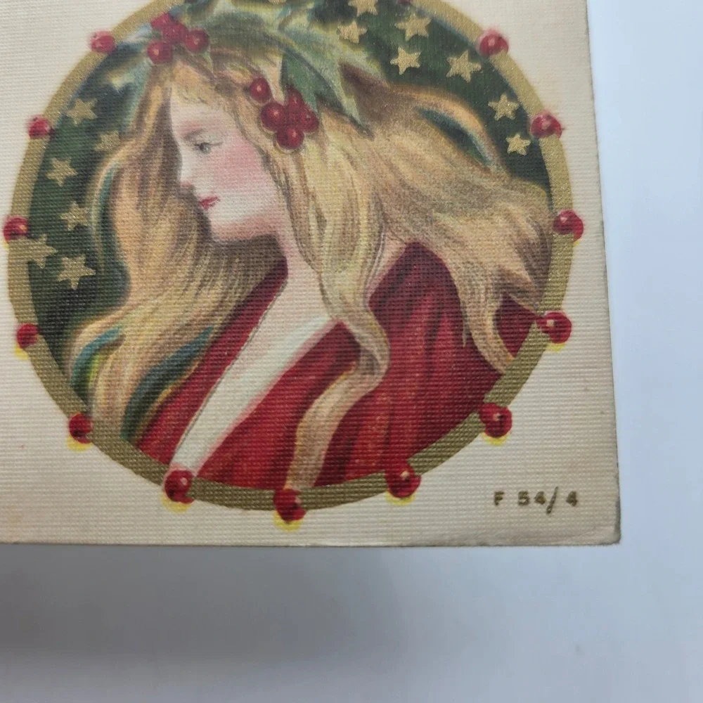 Vintage Rotograph Co Christmas Postcard Lady Ornament Holly 1906 San Francisco
